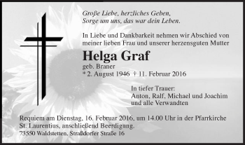 Traueranzeige von Helga Graf von Gmünder Tagespost