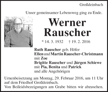 Traueranzeige von Werner Rauscher von Gmünder Tagespost