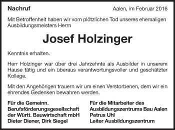 Traueranzeige von Josef Holzinger von Schwäbische Post