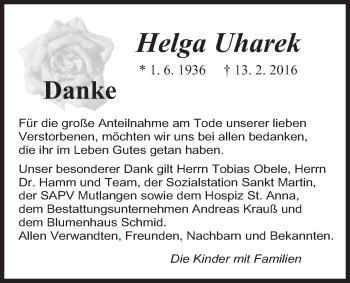 Traueranzeige von Helga Uharek von Schwäbische Post
