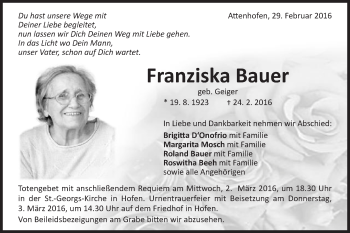 Traueranzeige von Franziska Bauer von Schwäbische Post
