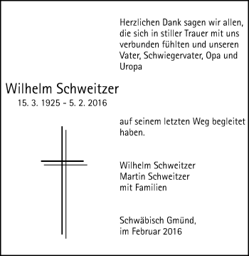 Traueranzeige von Wilhelm Schweitzer von Gmünder Tagespost