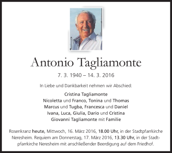 Traueranzeige von Antonio Tagliamonte von Schwäbische Post