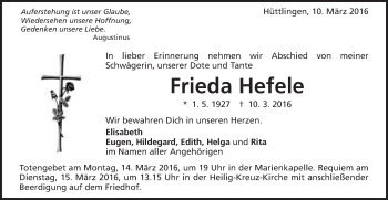 Traueranzeige von Frieda Hefele von Schwäbische Post