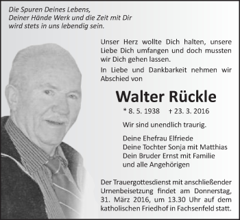 Traueranzeige von Walter Rückle von Schwäbische Post