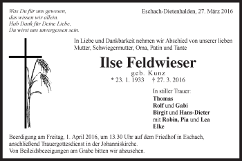 Traueranzeige von Ilse Feldwieser von Gmünder Tagespost
