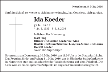 Traueranzeige von Ida Koeder von Schwäbische Post