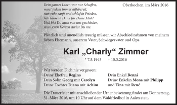 Traueranzeige von Karl  Zimmer von Schwäbische Post