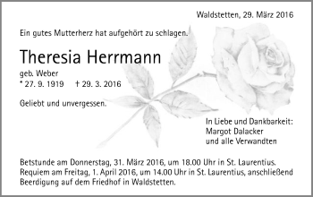 Traueranzeige von Theresia Herrmann von Gmünder Tagespost