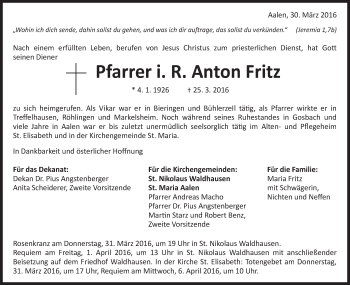 Traueranzeige von Anton Fritz von Schwäbische Post
