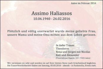 Traueranzeige von Assimo Haliassos von Schwäbische Post