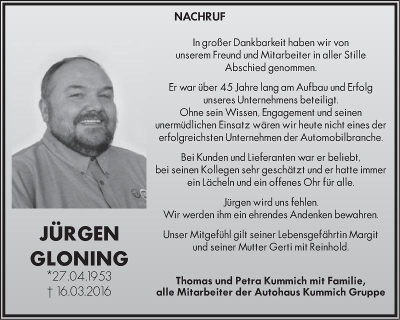  Traueranzeige für Jürgen Gloning vom 23.03.2016 aus Schwäbische Post