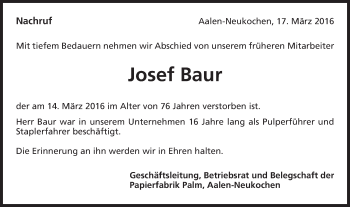 Traueranzeige von Josef Baur von Schwäbische Post