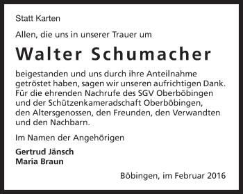 Traueranzeige von Walter Schumacher von Gmünder Tagespost