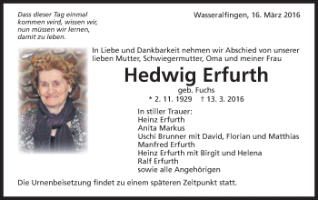 Traueranzeige von Hedwig Erfurth von Schwäbische Post