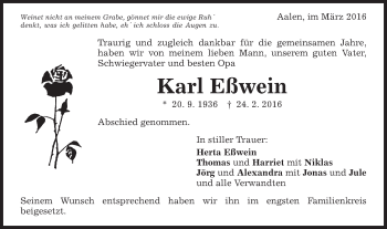 Traueranzeige von Karl Eßwein von Schwäbische Post