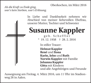 Traueranzeige von Susanne Kappler von Amtsblatt_Oko