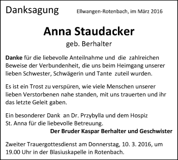 Traueranzeige von Anna Staudacker von Schwäbische Post
