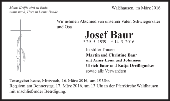 Traueranzeige von Josef Baur von Schwäbische Post