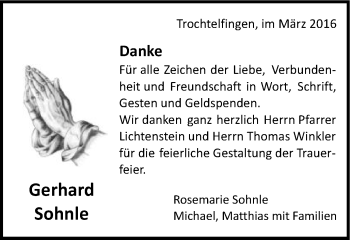 Traueranzeige von Gerhard Sohnle von Schwäbische Post