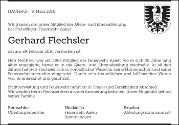 Traueranzeige von Gerhard Flechsler von Schwäbische Post