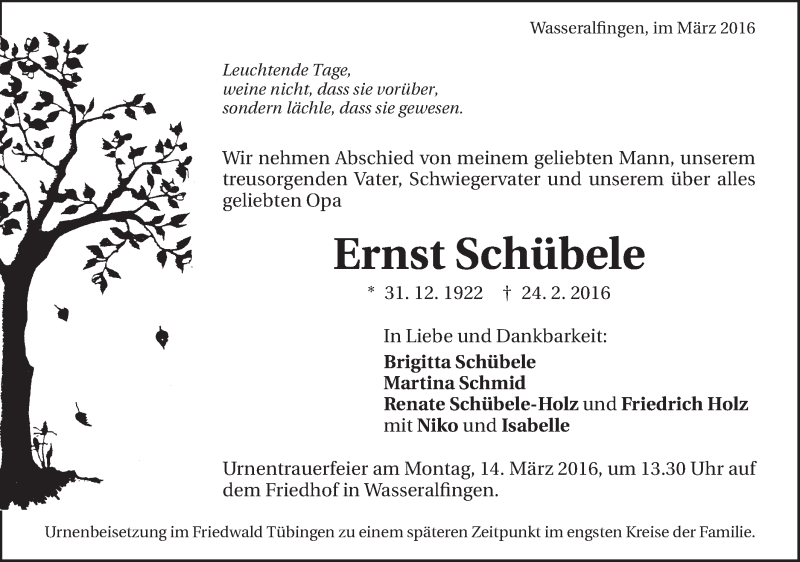  Traueranzeige für Ernst Schübele vom 09.03.2016 aus Schwäbische Post