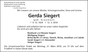 Traueranzeige von Gerda Siegert von Schwäbische Post