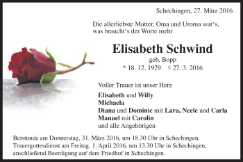 Traueranzeige von Elisabeth Schwind