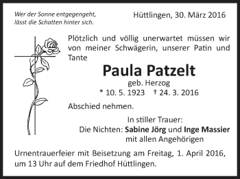 Traueranzeige von Paula Patzelt von Schwäbische Post