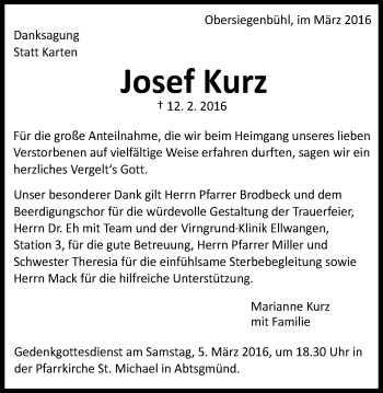 Traueranzeige von Josef Kurz von Schwäbische Post