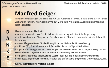 Traueranzeige von Manfred Geiger von Schwäbische Post
