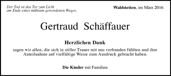 Traueranzeige von Gertraud Schäffauer von Gmünder Tagespost