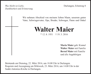 Traueranzeige von Walter Maier von Gmünder Tagespost