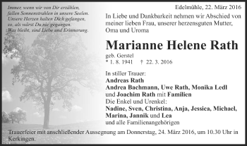 Traueranzeige von Marianne Helene Rath von Schwäbische Post