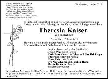 Traueranzeige von Theresia Kaiser von Gmünder Tagespost