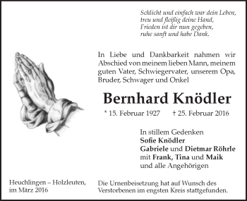 Traueranzeige von Bernhard Knödler von Gmünder Tagespost