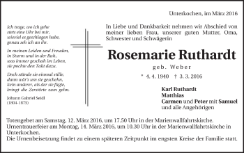 Traueranzeige von Rosemarie Ruthardt von Schwäbische Post