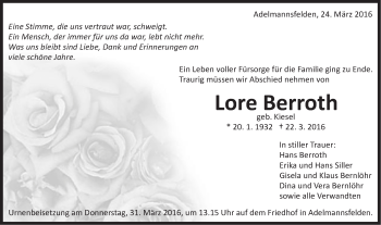 Traueranzeige von Lore Berroth von Schwäbische Post