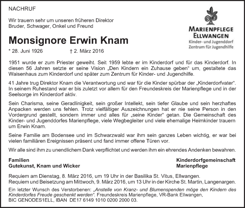  Traueranzeige für Erwin Knam vom 05.03.2016 aus Schwäbische Post