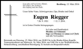 Traueranzeige von Eugen Riegger von Gmünder Tagespost