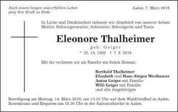 Traueranzeige von Eleonore Thalheimer von Schwäbische Post