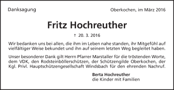 Traueranzeige von Fritz Hochreuther von Schwäbische Post