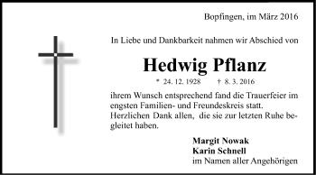 Traueranzeige von Hedwig Pflanz von Schwäbische Post