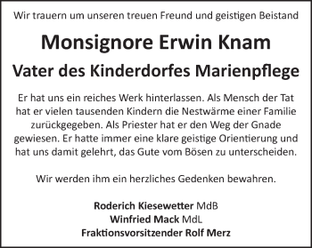 Traueranzeige von Erwin Knam von Schwäbische Post