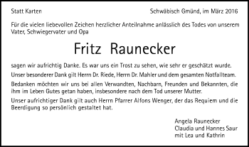 Traueranzeige von Fritz Raunecker von Gmünder Tagespost