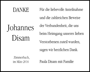 Traueranzeige von Johannes Disam von Gmünder Tagespost