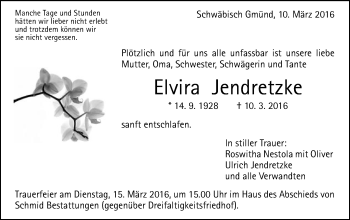 Traueranzeige von Elvira Jendretzke von Gmünder Tagespost