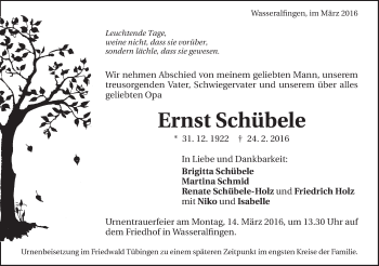 Traueranzeige von Ernst Schübele von Schwäbische Post
