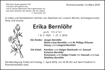 Traueranzeige von Erika Bernlöhr von Schwäbische Post