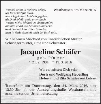Traueranzeige von Jacqueline Schäfer von Schwäbische Post